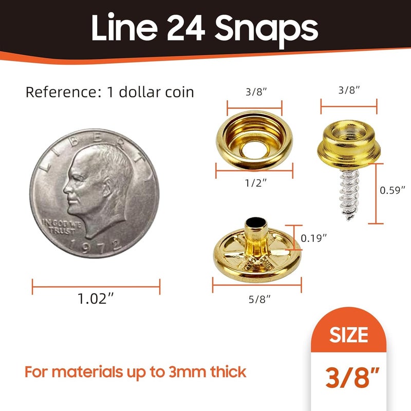 HAPDEN 160 Pcs Snap Buttons,Snap Fasteners Kit 15mm Stainless Steel Snaps Marine Grade Boat Canvas Snaps,3/8" Socket Metal Snaps for Clothing Leather Boat Cover Fabric (Gold) - Image 3